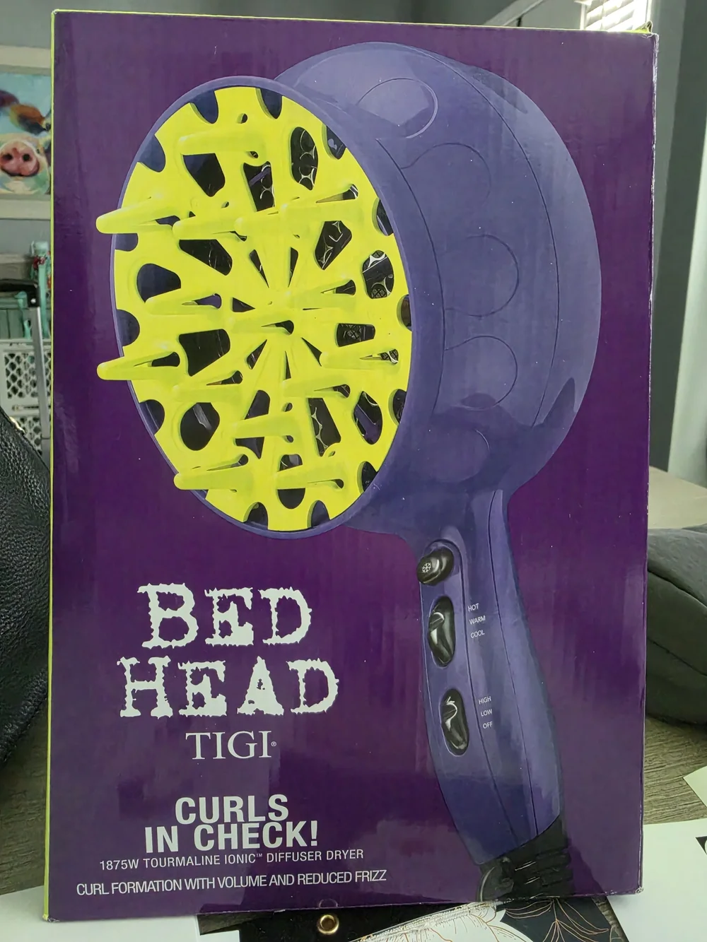 BedHead Purple Hair Dryer with Bright Yellow Diffuser
